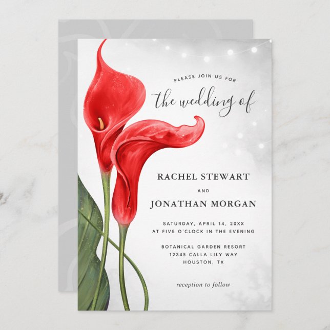 Convite Casamento de Lily Calla Vermelha com Aquarela Flor (Frente/Verso)