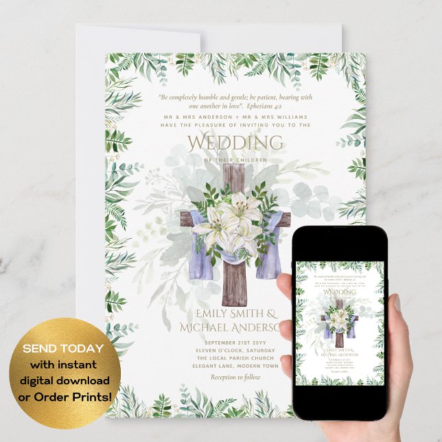 Convite Casamento de Lily Rustic, Branca Elegante (Criador carregado)