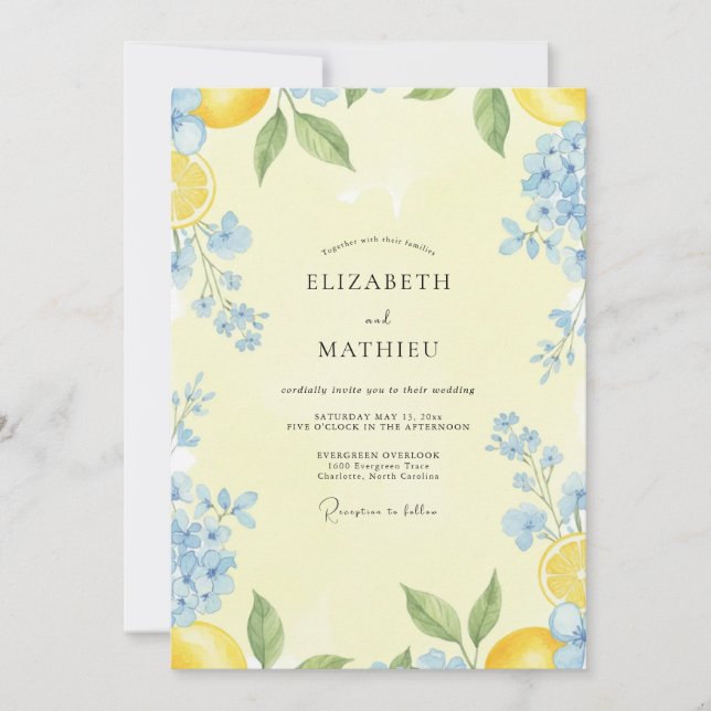Convite Casamento de Limão Azul Cítrico Eucalipto (Frente)
