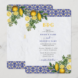 Convite Casamento de limão-Azulejo Amarelo-Branco-Azul do 