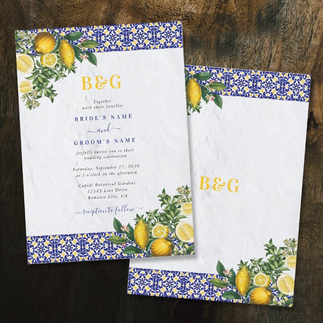 Convite Casamento de limão-Azulejo Amarelo-Branco-Azul do  (Blue White Yellow Mediterranean Tile Lemon Wedding Invitation)