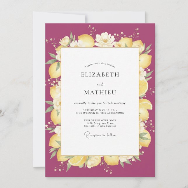 Convite Casamento de Limão Cítrico Eucalipto Magenta (Frente)