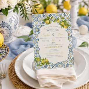 Convite Casamento de Limão com Azulejo Azul Italiano Elega