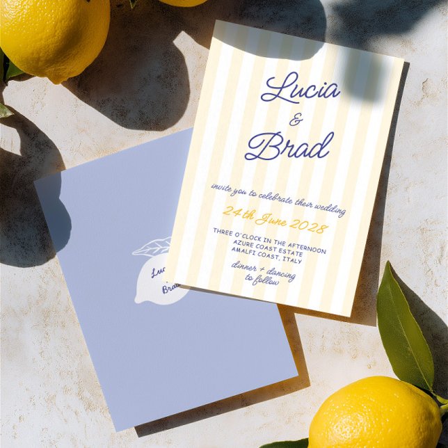 Convite Casamento de Limão com Listras Amarelas e Azuis It (Italian Yellow & Blue Striped Lemon Wedding Invitation)