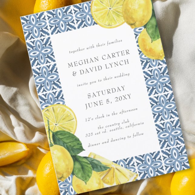 Convite Casamento de Limão de Azulejos Azuis do Mediterrân (Criador carregado)