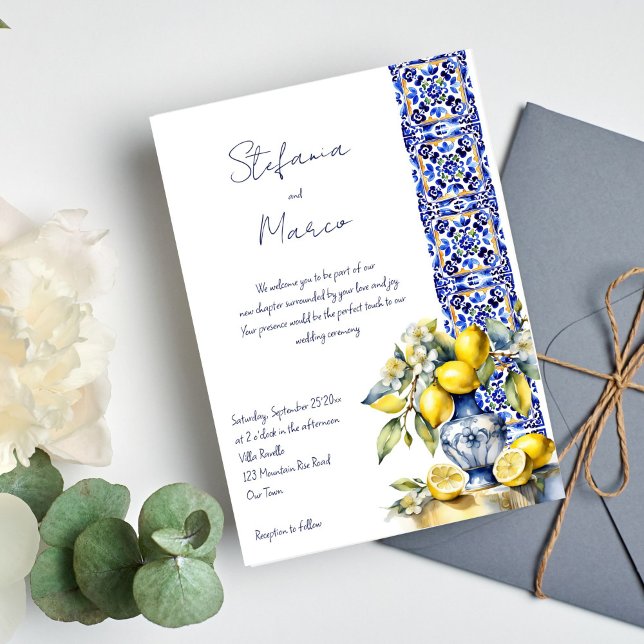 Convite Casamento de limões com azulejos azuis italianos (Amalfi Italian blue tiles lemons wedding Invitation editable template digital download casual script)