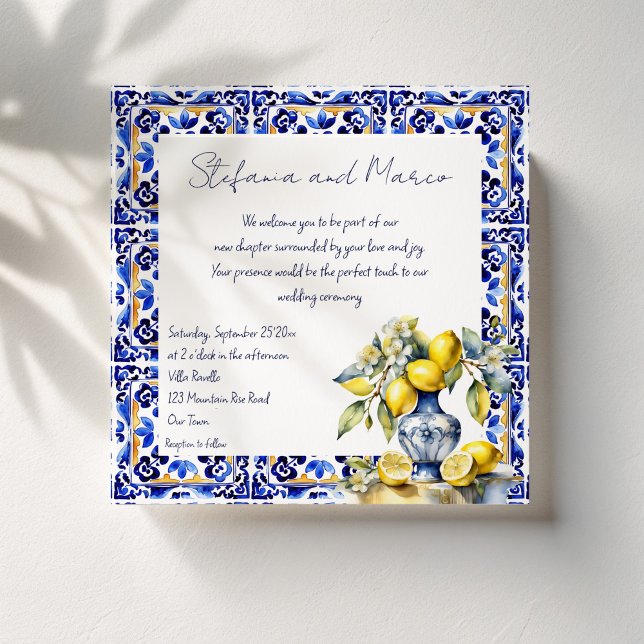 Convite Casamento de limões com azulejos azuis italianos (Amalfi Italian blue tiles lemons wedding Invitation template instant download blue ceramic vase)