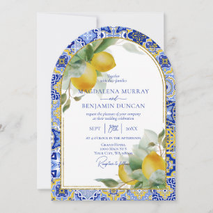 Convite Casamento de limões de Azulejo azul italianos com