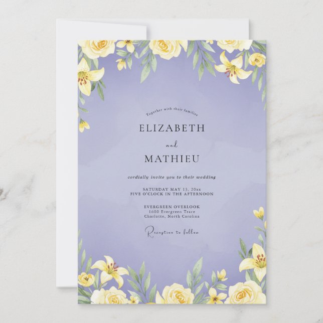 Convite Casamento de Lírio Amarelo e Periwinkle (Frente)