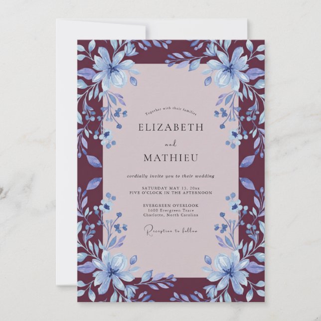 Convite Casamento de Lírio Azul Burgundy (Frente)