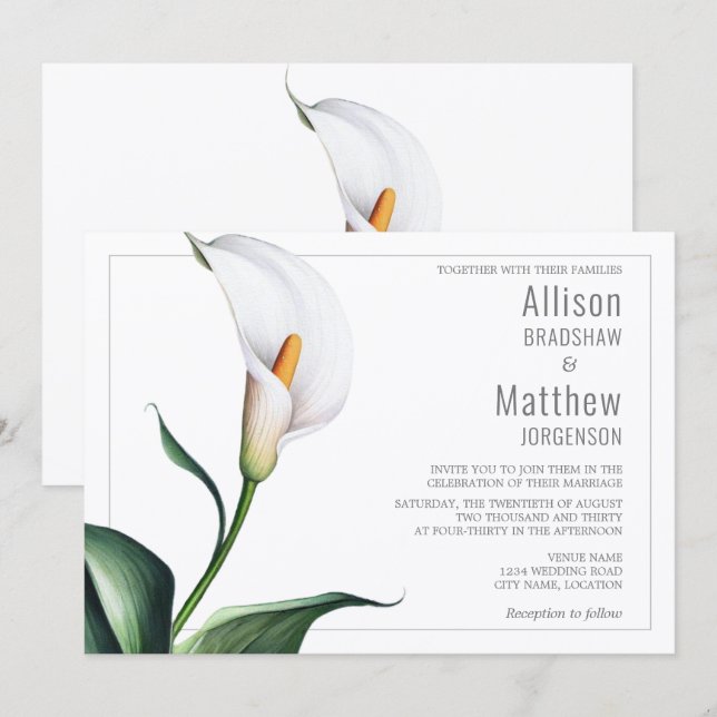 Convite Casamento de Lírio de Calla Branco Marfim Elegante (Frente/Verso)