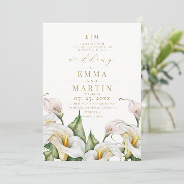 Convite Casamento de Lírio-de-Calla em Aquarela Botânica (Em pé/Frente)