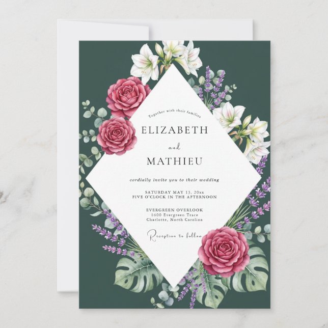 Convite Casamento de Lírio Monstera Borgonha (Frente)