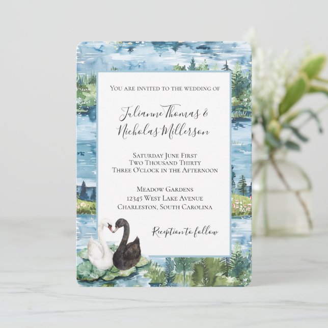 Convite Casamento de Lírios de Água do Lago dos Cisnes Rom (Em pé/Frente)
