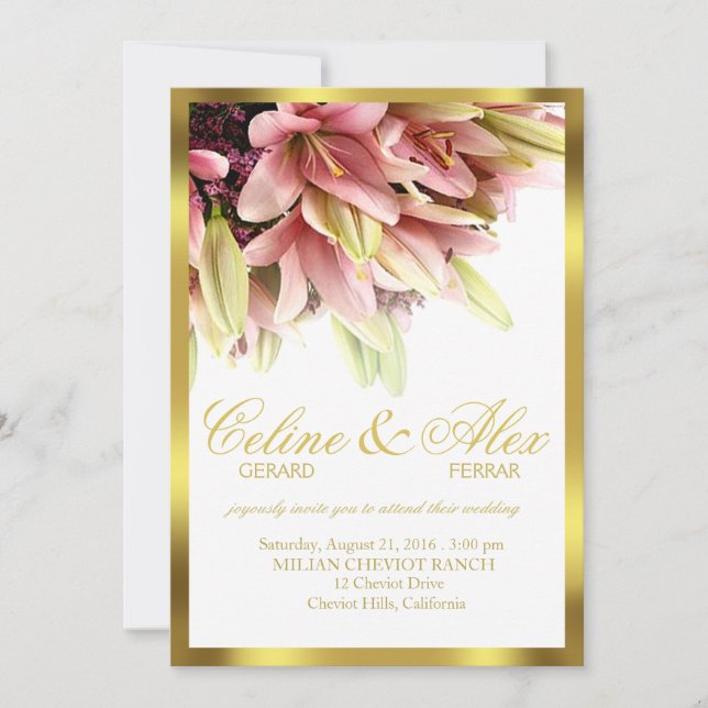 Convite Casamento de Lírios-de-callas Rosa com Abraço Flor (Frente)
