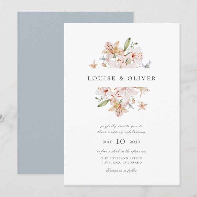 Convite Casamento de Lírios Florais em Aquarela Azul Moder (Frente/Verso)