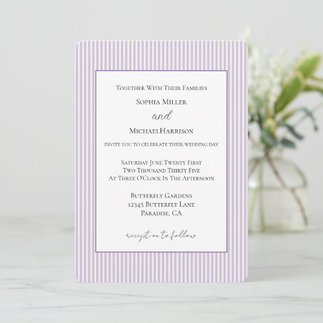 Convite Casamento de Listras Brancas Lavanda Bonito (Em pé/Frente)