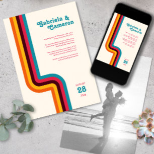 Convite Casamento de Listras de Cores Retro Ousadas e Vibr