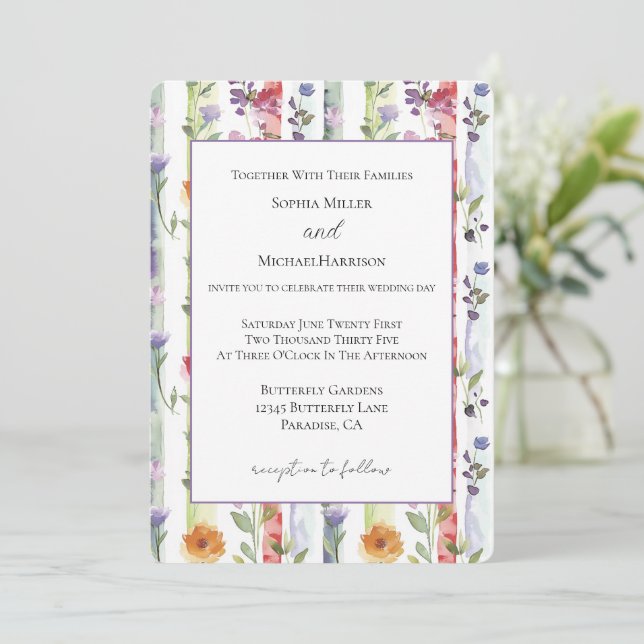 Convite Casamento de Listras Florais Roxo Vermelho Laranja (Em pé/Frente)