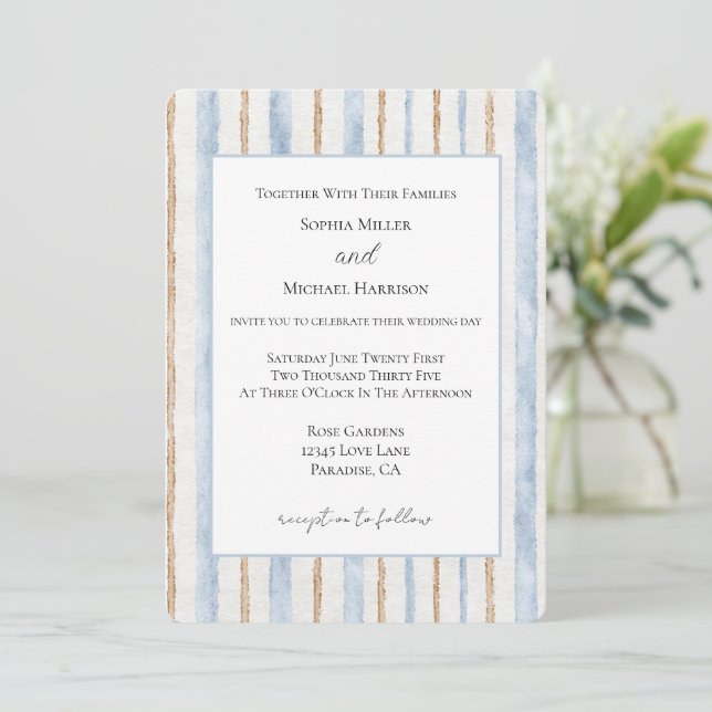 Convite Casamento de Listras Marrom Creme Azul (Em pé/Frente)