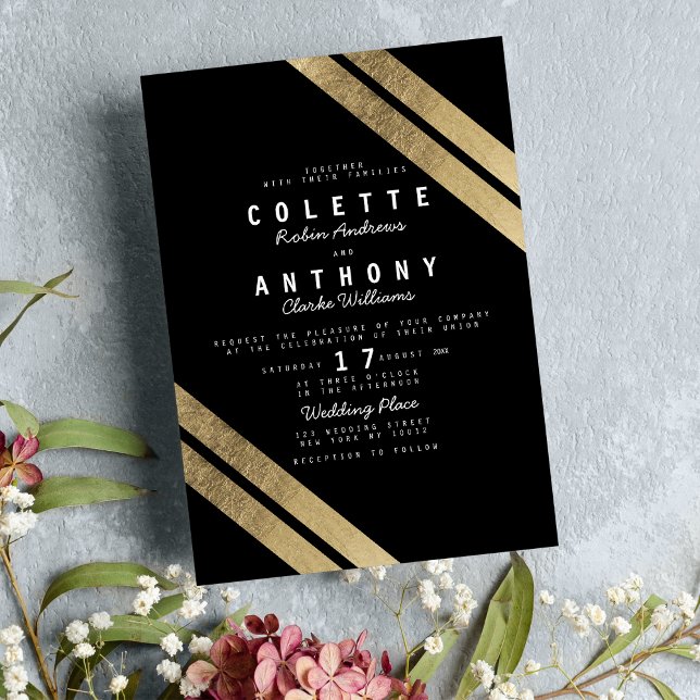 Convite Casamento de listras modernas de ouro negro elegan (Elegant black faux gold modern stripes wedding invitation )