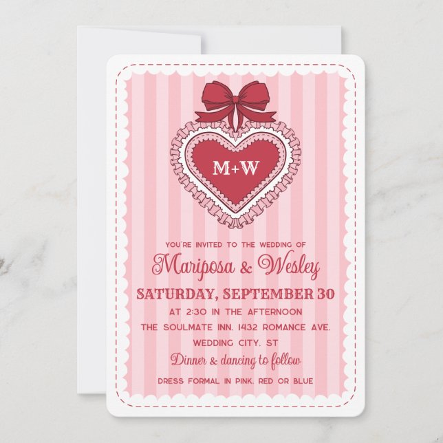 Convite Casamento de Listras Rosa Vermelho Coquette (Frente)