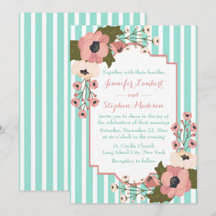 Convite Casamento de Listras Turquesa Verde Menta Floral R