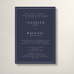 Convite Casamento de Localização Múltipla Azul do Marinho<br><div class="desc">Convite para casamento formal e elegante com espaço suficiente para dois locais de casamento ou locais de recepção,  fundo azul-marinho com mudas clássicas e tipografia elegante.</div>