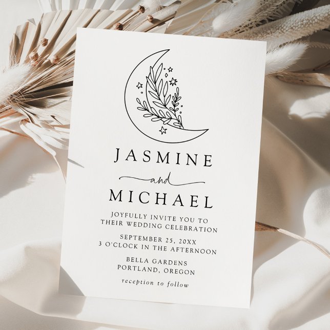Convite Casamento de Lua Botânica Elegante e Estrelas (Criador carregado)