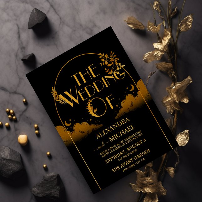 Convite Casamento de Lua de Nuvens Douradas Místicas Místi (Criador carregado)