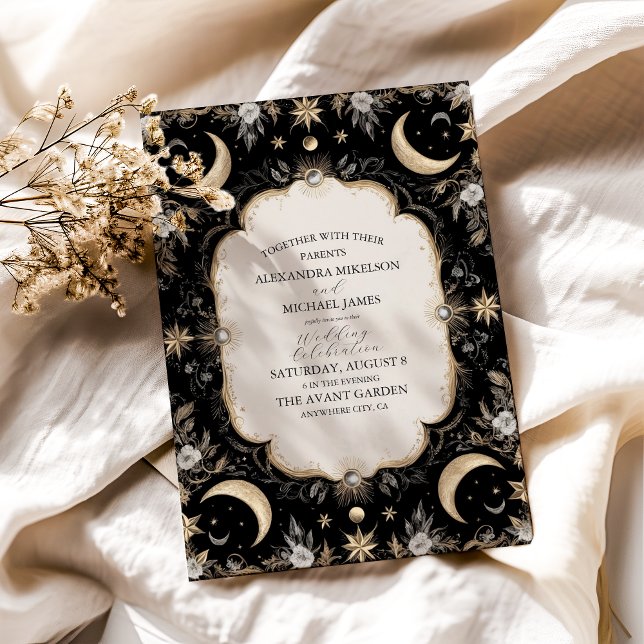 Convite Casamento de Lua Estrelas Celestiais Vintage Botân (Criador carregado)