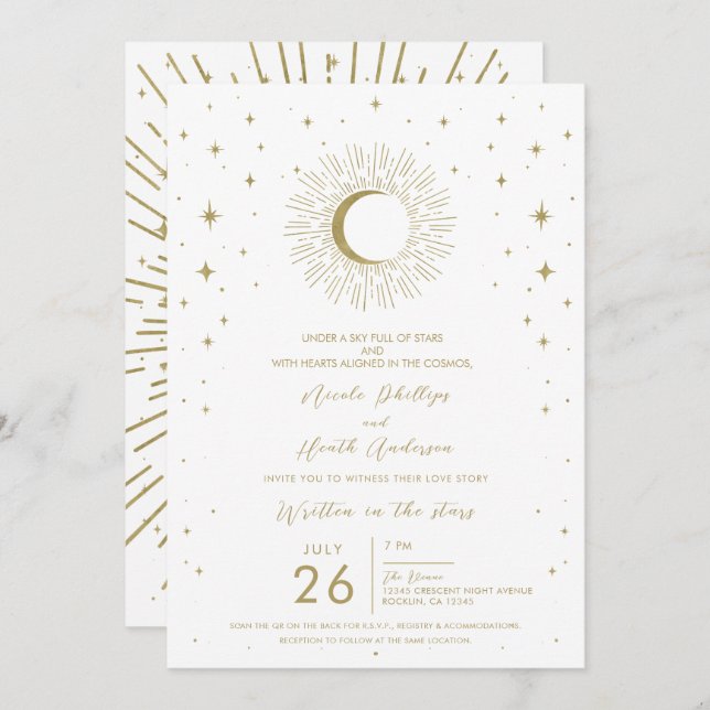 Convite Casamento de Lua Solar Celestial e Dourada (Frente/Verso)