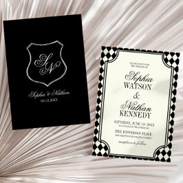 Convite Casamento de Luxo Antigo Preto Marfim Vintage