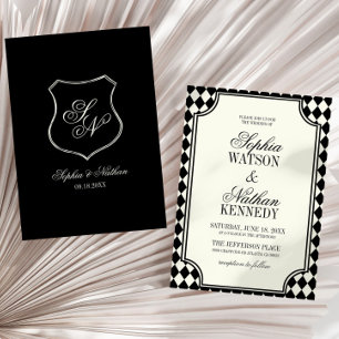 Convite Casamento de Luxo Antigo Preto Marfim Vintage