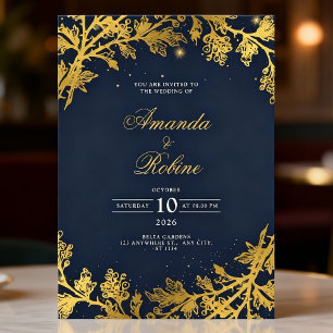 Convite Casamento de Luxo Botânico Azul Dourado da Marinha