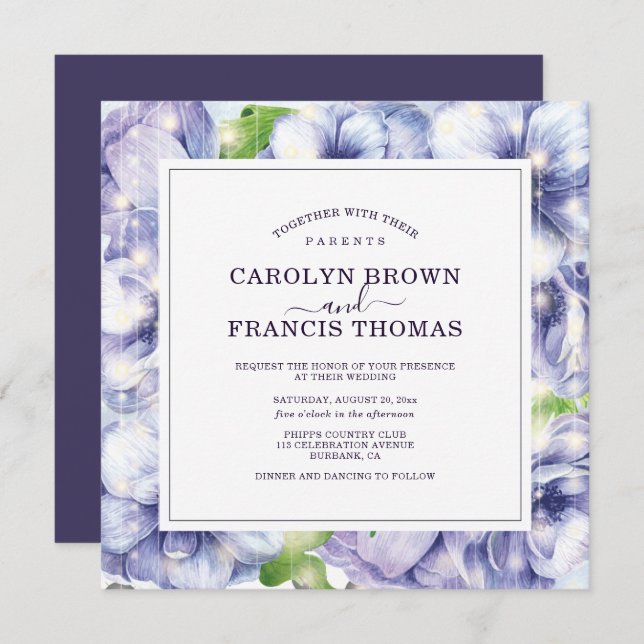 Convite Casamento De Luxo Com Anêmona Floral Roxa (Frente/Verso)