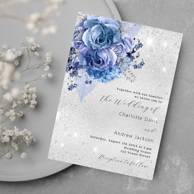 Convite Casamento de luxo com flores azuis prateadas (Criador carregado)