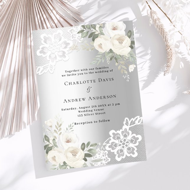 Convite Casamento de luxo com flores brancas prateadas (Criador carregado)