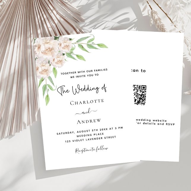 Convite Casamento de luxo com flores brancas, verde QR RSV (Criador carregado)