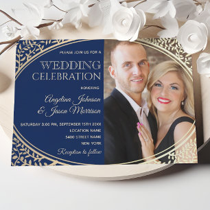 Convite Casamento de Luxo com Foto em Azul Marinho e Doura