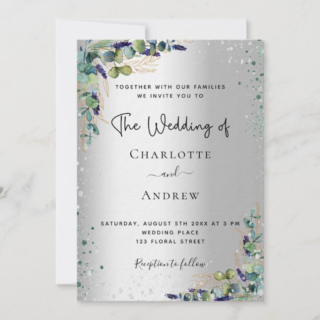 Convite Casamento de luxo com guião de prata Eucalyptus ve (Frente)