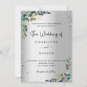 Convite Casamento de luxo com guião de prata Eucalyptus ve