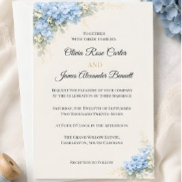 Convite Casamento de Luxo com Hortênsias Azuis Desbotadas