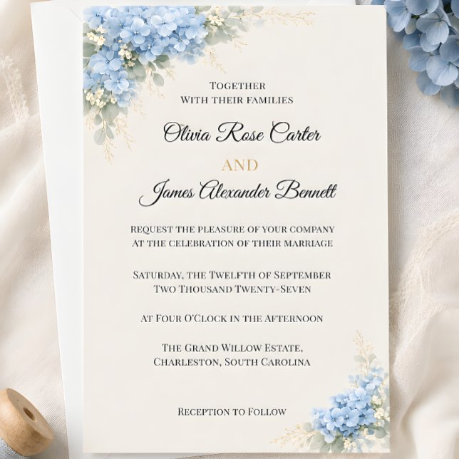 Convite Casamento de Luxo com Hortênsias Azuis Desbotadas (Luxury dusty blue hydrangea wedding themed invitation card)