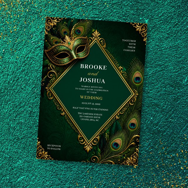 Convite Casamento de Luxo com Máscara de Pavão Verde Esmer (Criador carregado)
