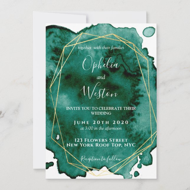 Convite Casamento de Luxo com Moldura Dourada Verde Waterc (Frente)