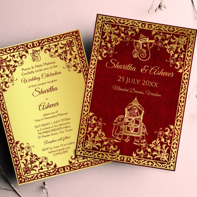 Convite Casamento de luxo com noivas índias de elefante de (Maroon and gold Indian wedding elephant Indian brides luxury Invitation template instant download)