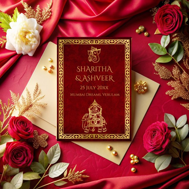 Convite Casamento de luxo com noivas índias de elefante de (Maroon gold ornate elephant Indian wedding brides luxury wedding Invitation cards template)
