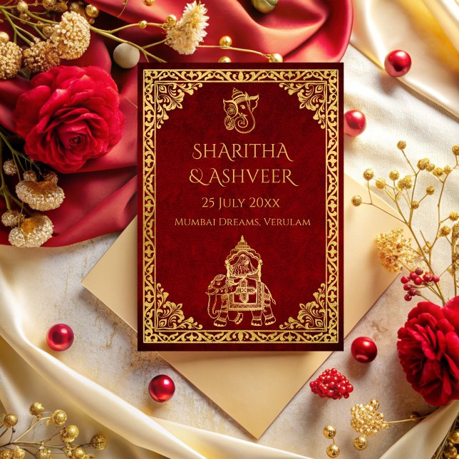 Convite Casamento de luxo com noivas índias de elefante de (Maroon gold elephant Indian brides luxury wedding Invitation cards template)
