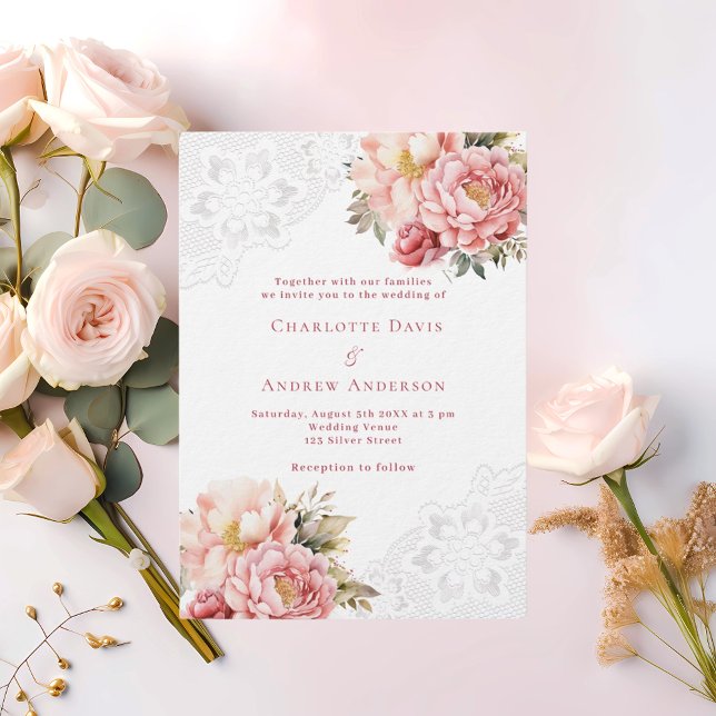 Convite Casamento de luxo com renda branca floral rosa ros (Criador carregado)